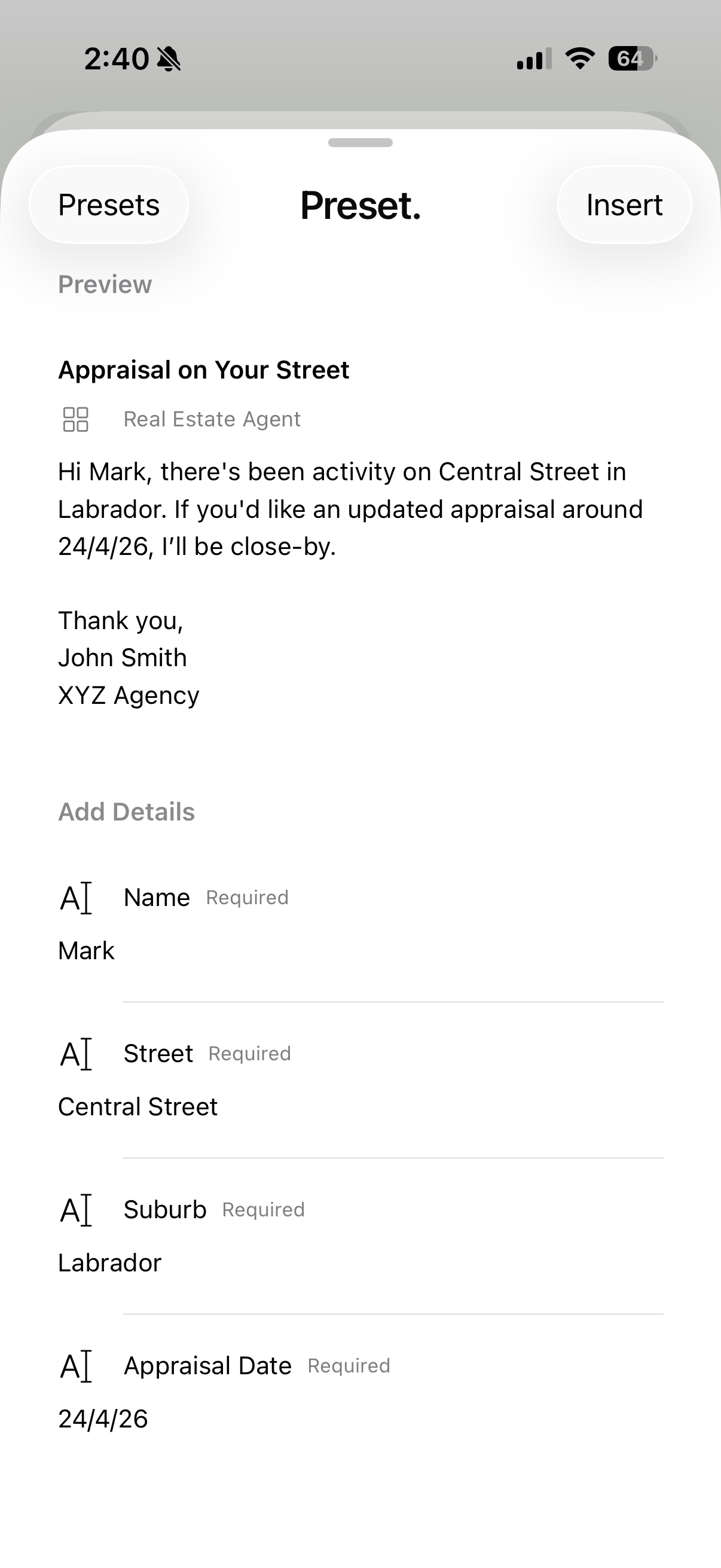 Preset showing the quote preview and editable fields for the message details.