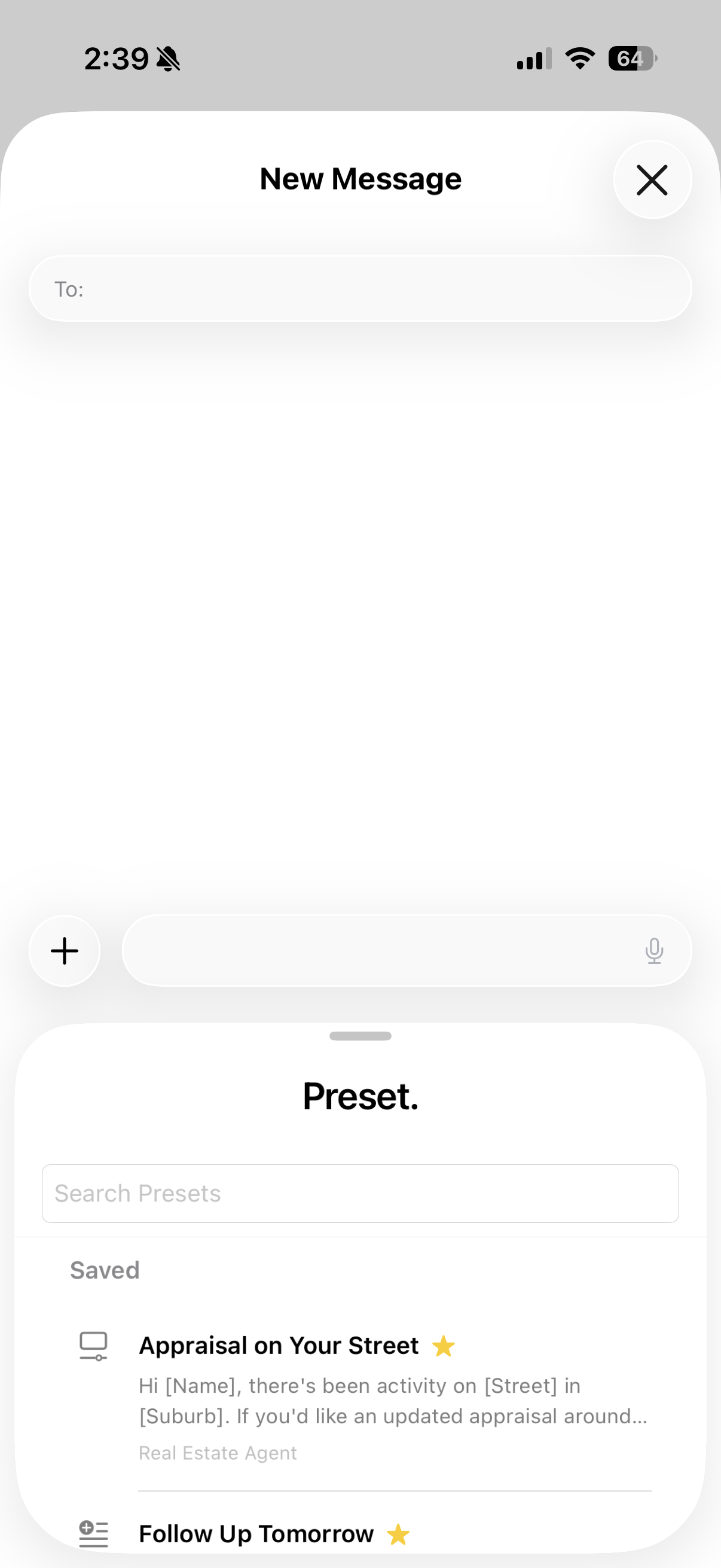 Preset opening from the Messages app drawer inside a new conversation.
