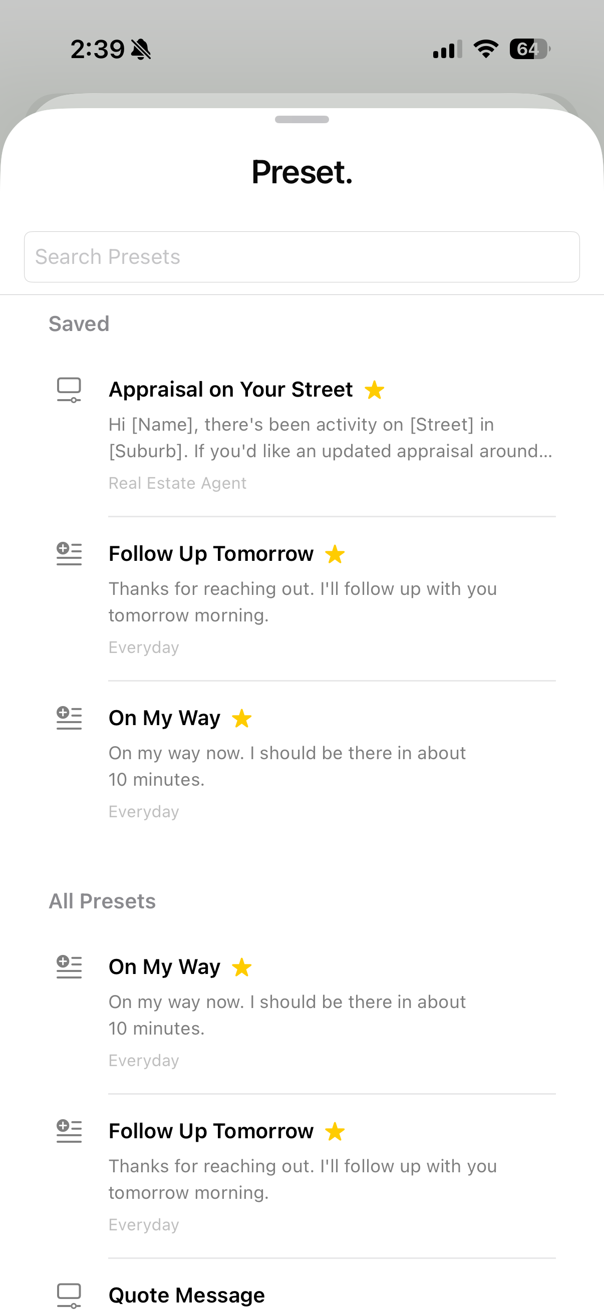 Preset opened inside Messages showing saved, recent, and all presets.