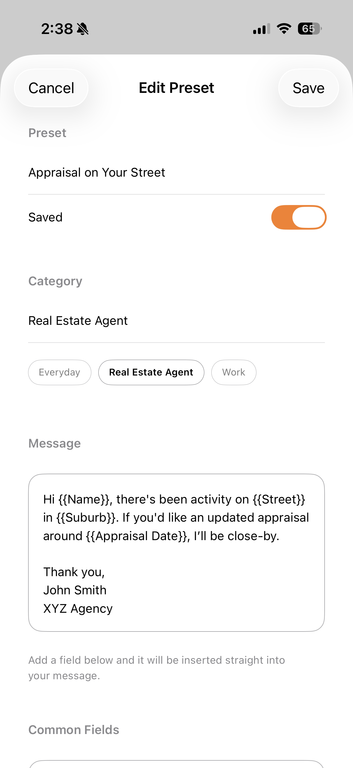 Preset editor screen for creating a reusable preset with fields and saved toggle.