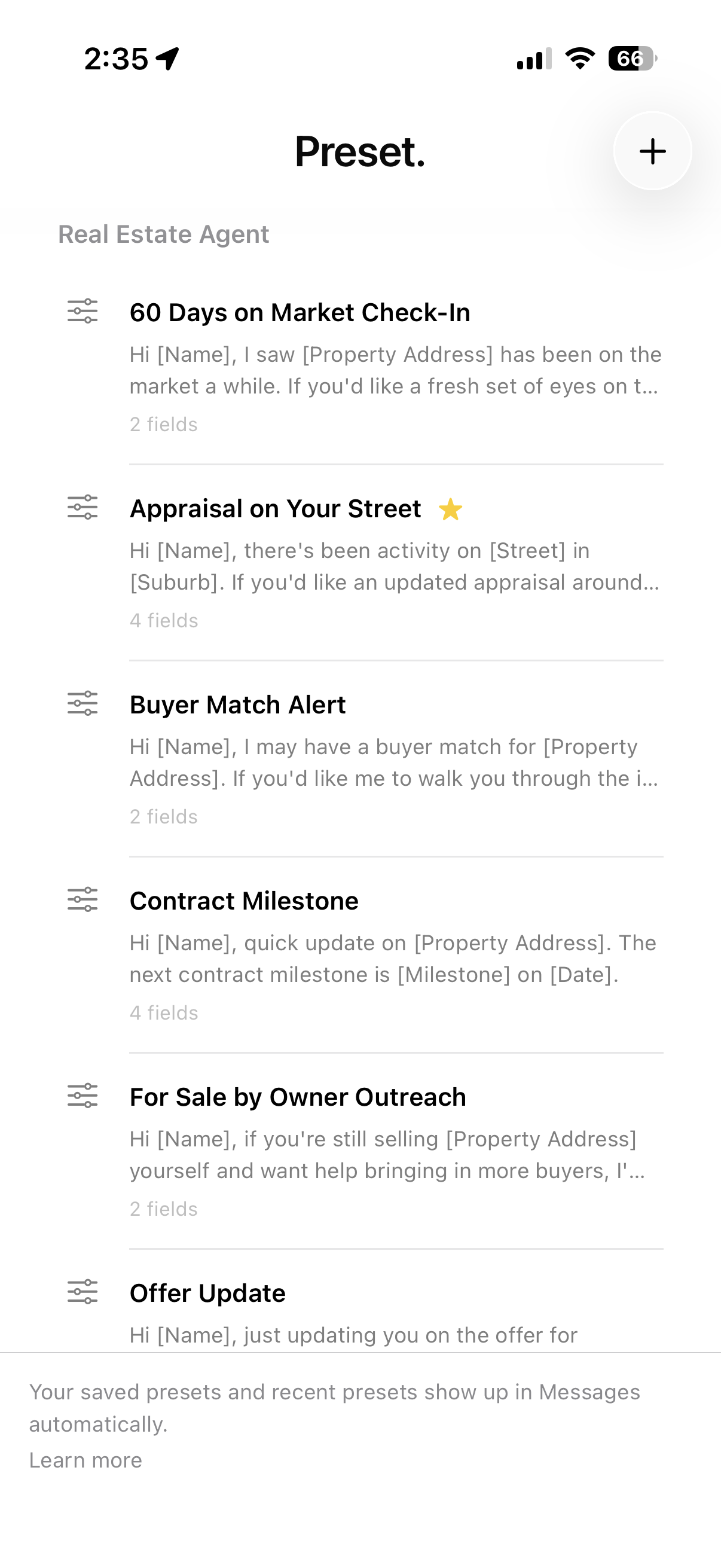 Preset app home screen showing saved and recent presets.